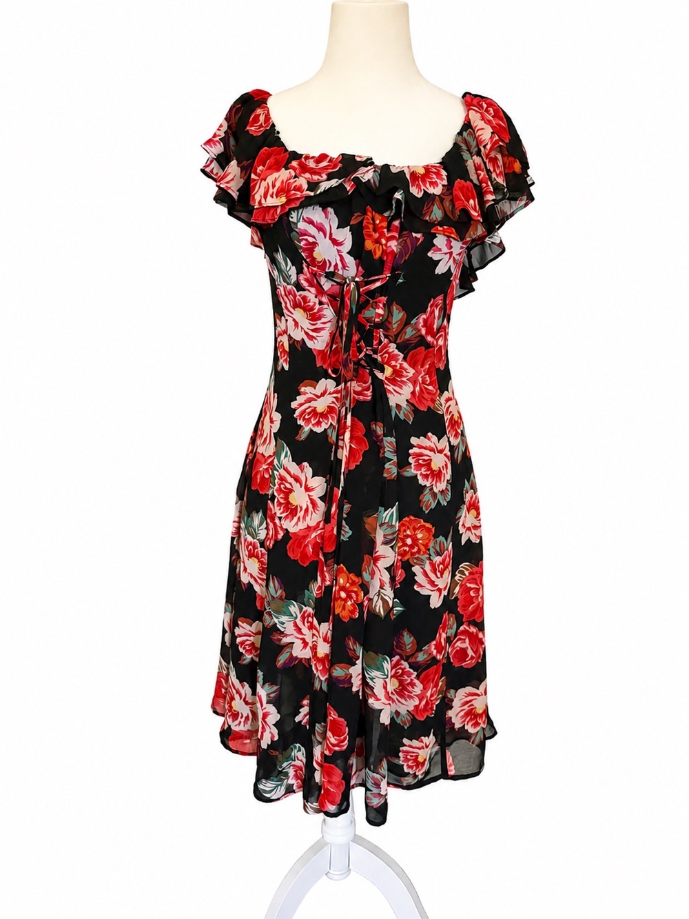 Astr Black Midi Dress with Red Floral Print